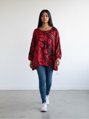Missing Polynesia Red Black Rayon Tropical Hawaii Tribal Print Tunic Top lole